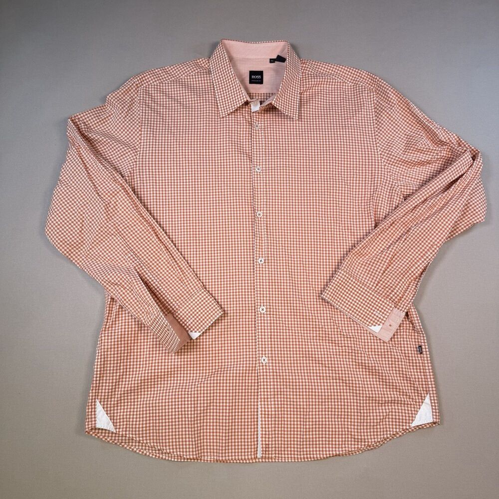 Hugo Boss Dress Shirt Men 2XL Orange White Gingham Check Regular Fit Cotton
